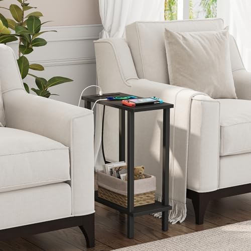 TUTOTAK Narrow Side Table Set of 2, Small End Table with Charging Station