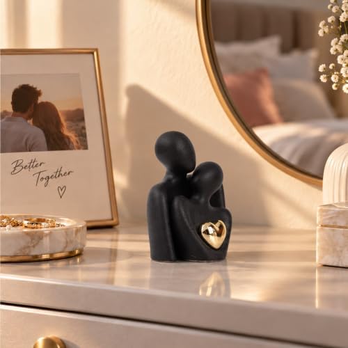 Mini Couple Statue, Ceramic Figurine for Shelf Decor, 3.15" Black