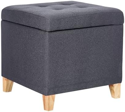 Adeco Storage Ottoman Bench with Hidden Storage, Dark Grey Cotton Linen Upholstered Tufted Footstool with Solid Wood Legs and Hinged Lid, 17.7" Square Cube for Living Room, Bedroom, Entryway