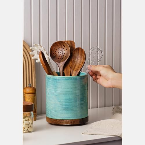 Utensil Holder, 360° Rotating Extra Large Ceramic Kitchen Utensil Holder for Countertop, Cooking Utensil Crocks for Counter with Rotatable Wooden Base, Farmhouse Kitchen Decor, Green