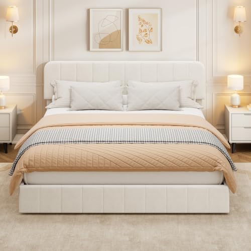 Garvee King Size Velvet Bed Frame with Adjustable Headboard, Beige