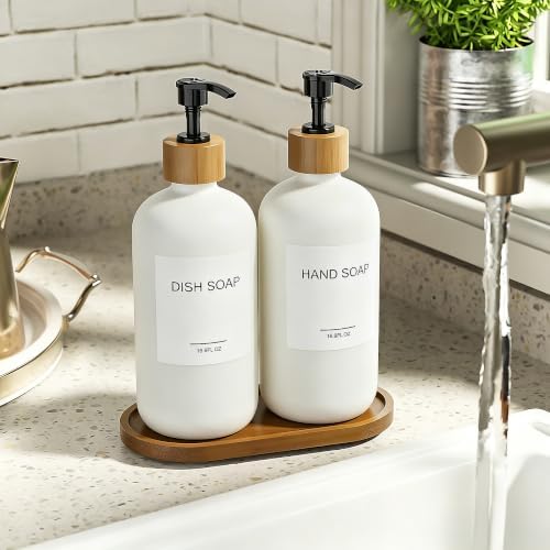 MASADI White Soap Dispenser Set with Tray, Dish and Hand soap Lotion Dispenser Set with Wooden Pump for Kitchen and Bathroom Decor for Counter, Modern Vintage Liquid Soap Dispensers