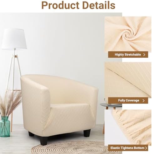 Barrel Chair Slipcovers, 2 Pack 1-Piece Stretch Beige Club Chair Covers with Arms, Round Soft Armchair Sofa Cover Removable Couch Furniture Protector for Bar Living Room Bedroom Hotel Counter