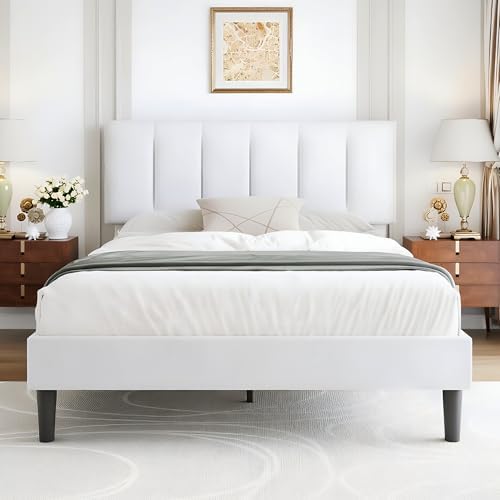 VECELO Full Size Bed Frame with Upholstered Headboard, Pure White