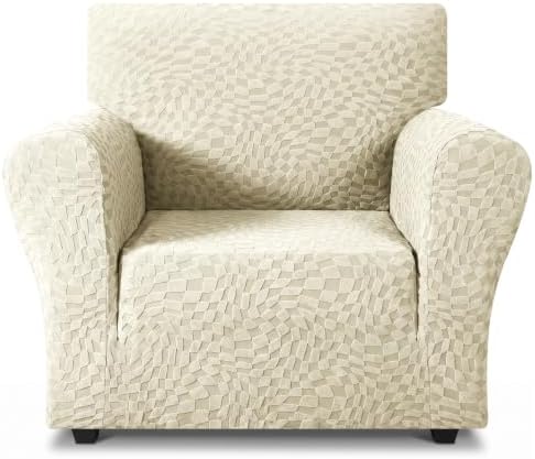 ZNSAYOTX 1 Piece Stretch Chair Cover with Arms (34"-44"), New Plaid Armchair Cover with Elastic Band for Living Room, Ultimate Soft Cozy Washable Chair Slipcover Form Fit Protector, Beige