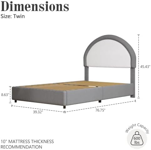 REVOMINCA Twin Bed Frames with Headboard, Boucle Upholstered Platform Bed Frame, Soft Rounded Corners, No Box Spring Needed, Easy Assembly, Grey&White