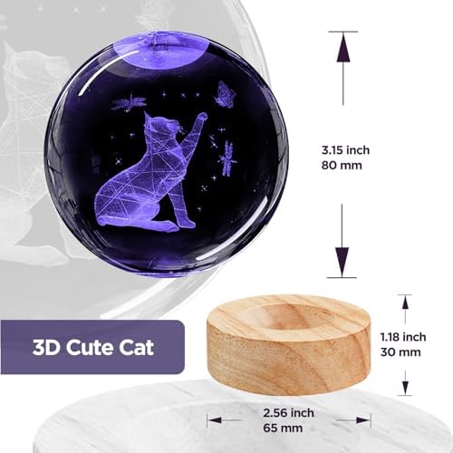 3D Cat Crystal Ball Night Light Cat Lover Gifts for Women Upgraded 3.15 In Cat Figurines Glass Ball Home Decor Lamps with 16 Color Cat Collectibles Snow Globes Gift for Girl Cat Lamp for Her Mom