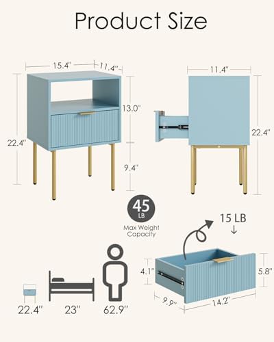 Aienvey Nightstand with One Drawer, Blue Stripe Night Stand and Gold Frame