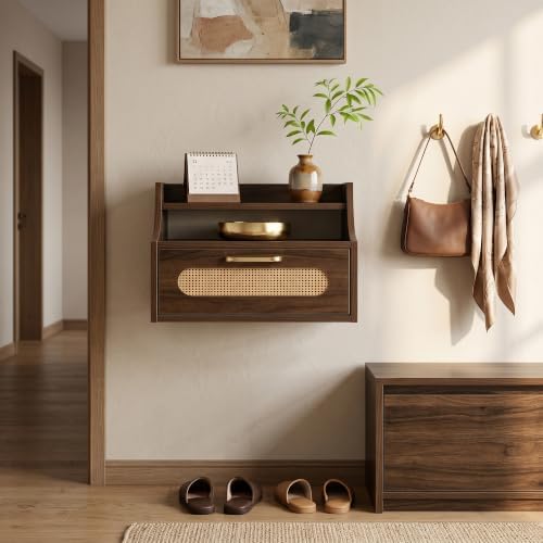 Afuly Floating Nightstand with Drawer, Walnut Bedside Table Wall Mounted