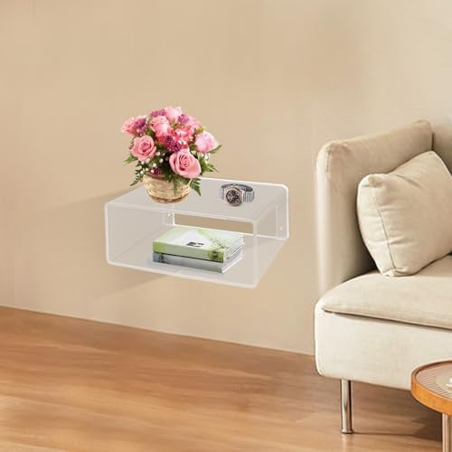 Acrylic Wall-Mounted Nightstand Floating Wall Nightstand Bedside Table Floating Side Table Wall Mounted Clear Shelf for Bedroom Bathroom (Clear)