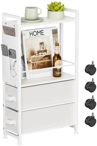 Oppro 2 Drawer Small Narrow Side End Table, Slim Nightstand with Wheels