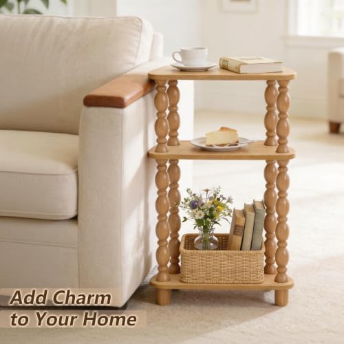 3-Tier Small Side Table, Narrow End Table, Natural Wood