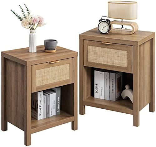 SICOTAS Night Stand Set 2 Rattan Nightstands with Drawer 19.7" Wide