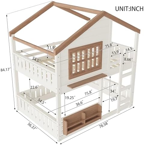 Full Over Full Size House Bunk Bed with Storage Bookshelf, Beige