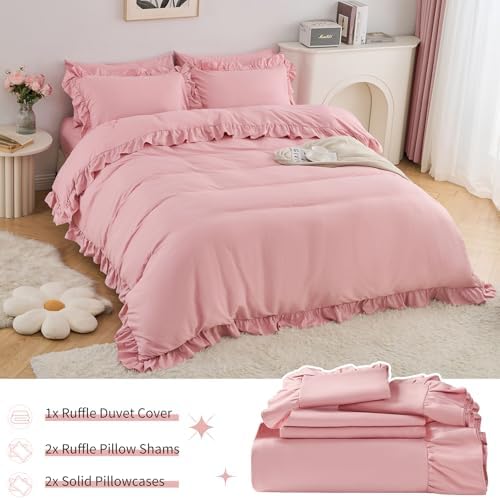 Horbaunal 5 Pcs Pink Ruffle Duvet Cover Queen Size Soft Microfiber Shabby Chic Ruffled Duvet Cover Set, Vintage French Country Ruffle Bedding Set with Zipper Closure & Corner Ties, 90" x 90"