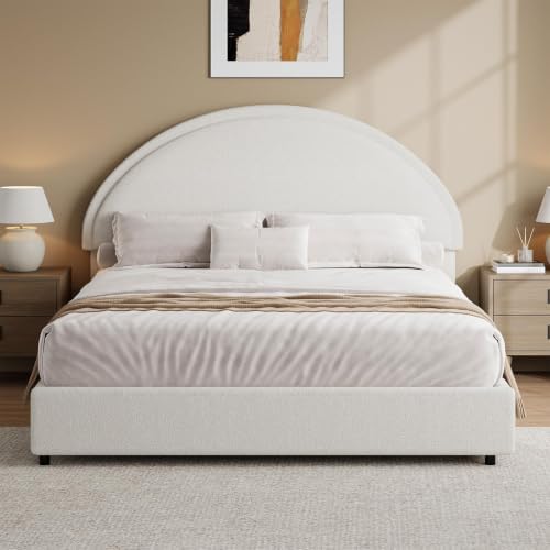 REVOMINCA Queen Bed Frame, Boucle Upholstered Platform Bed Frame with Rounded Corners, Soft Bedframe with Round Headboard, No Box Spring Required, Easy Assembly, White