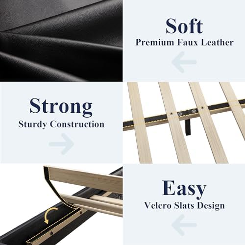 Allewie Queen Size Faux Leather Bed Frame, Adjustable Headboard, Black