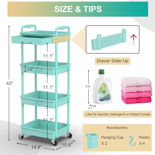 Goovilla 4 Tier Rolling Utility Cart Organizer with Removable Drawer, Blue