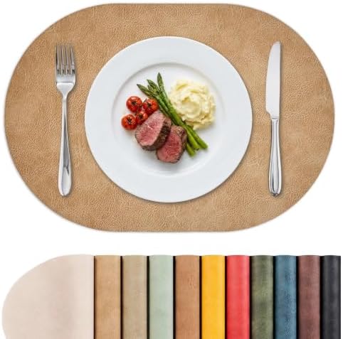 MOSAYT Vinyl Faux Leather Oval Placemats, Set of 6, Camel