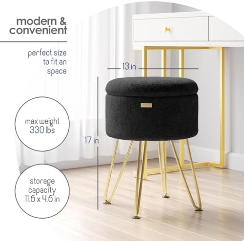 Round Ottoman with Storage, Boucle Storage Ottoman, Foot Stool Ottomans, Makeup Vanity Stool, Small Ottomans Foot Rest, Modern Vanity Stools for Living Room and Bedroom, Black
