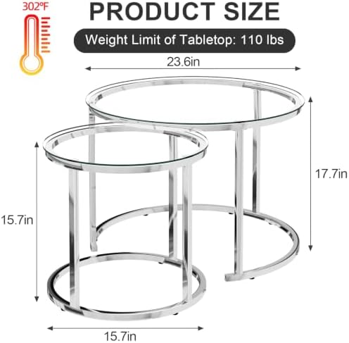 aboxoo Nesting Table Glass Coffee Table for Living Room,Silver Glass Table