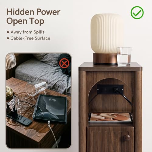 Narrow Nightstand Set of 2 with Charging Station Slim Bedside Table