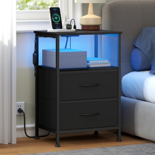 SONGMICS Nightstand with Charging Station, 2 Fabric Drawers