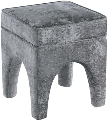 Get Set Style Upholstered Textured Woven Accent Stool, Arched Solid Wood Leg Ottoman Foot Rest, Square Decorative Bench for Living Room Entryway Bedroom (Charcoal)