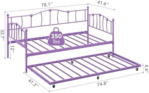 GarveeHome Twin Daybed with Trundle, Metal Sofa Bed Frame with Steel Slat Support, Twin Size Space-Saving Furniture for Living Room, Bedroom, Love Heart Design, No Box Spring Needed, Purple