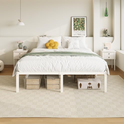 Allewie Full Size Bed Frame, 14 inch Metal Beds with Storage Space, Beige