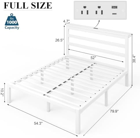 Full Bed Frame with Charging Station and LED Lights Headboard, White