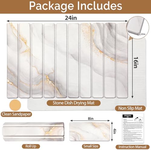 Large Stone Dish Drying Mat for Kitchen Counter,Quick Dry Stone Dishes Mats,Marbled Water Absorbing Diatomaceous Earth Drying Pad for Countertop Bottles Utensils Cups(Yellow White 24"x16"&8"x4")