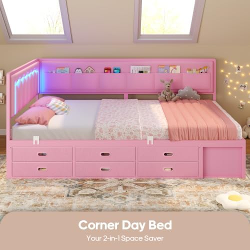 ADORNEVE Full Corner Bed Frame with 8 Storage Drawers and LED Lights, Pink