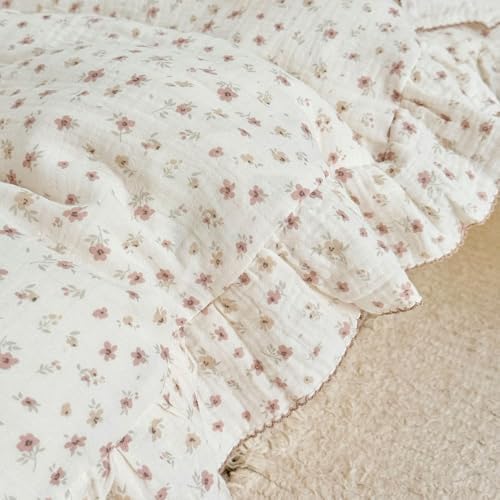 BuLuTu Pink Floral Duvet Cover King with Ruffles, 2-Layer Cotton Muslin Bedding Set Soft Breathable Comforter Cover, Shabby Chic Princess Quilt Cover with 2 Pillowcases