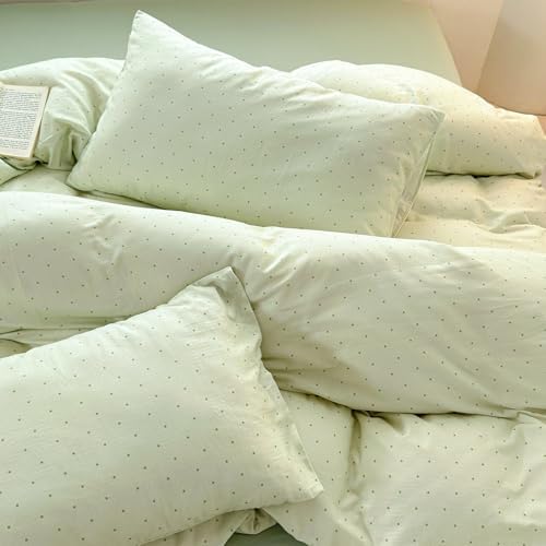 Polka Dot Duvet King Cover Green Boho Comforter Cover King Size Cotton Double Gauze Cutecore Pattern Duvet Cover Set with Zipper Chic Cozy Bedding Set for Girls Duvet Protector