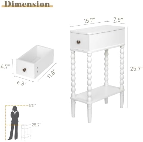Fultyle Narrow White End Table, Slim Side Table with Drawer and Open Shelf