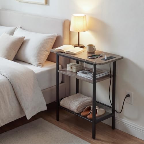 HOOBRO Side Table with Charging Station for Small Spaces, Greige and Black