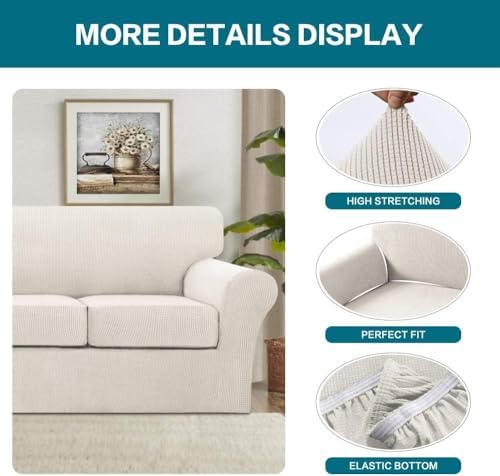 Turquoize 4 Piece Sofa Covers for 3 Cushion Couch Sofa Slipcover Soft Couch Cover for Dogs Washable Furniture Cover with 3 Individual Large Cushion Covers Feature Fabric (Large Sofa, Ivory)