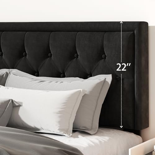 CXVX King Size Platform Bed Frame with Upholstered Velvet Button Tufted Headboard, Mattress Foundation with Wooden Slat Support, No Box Spring Needed, Easy Assembly, Noise Free, Black.