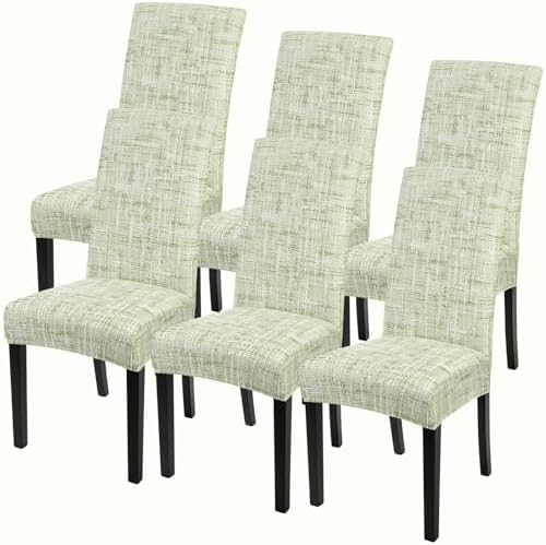 SearchI Dining Room Chair Covers Set of 6, Stretch Printed Parsons Chair Slipcovers Removable Washable Kitchen Chair Protector Cover for Dining Room, Hotel, Ceremony (Green Linen-Look Print)