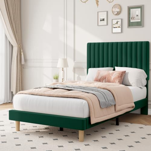 GAOMON Twin Bed Frame with Adjustable Headboard, Velvet Upholstered Platform Twin Size Bed Frame, Vertical Channel Tufted, Strong Wooden Slats, No Box Spring Needed, Easy Assembly, Green