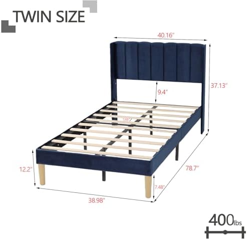 Twin Size Bed Frame with Velvet Upholstered Headboard, Blue