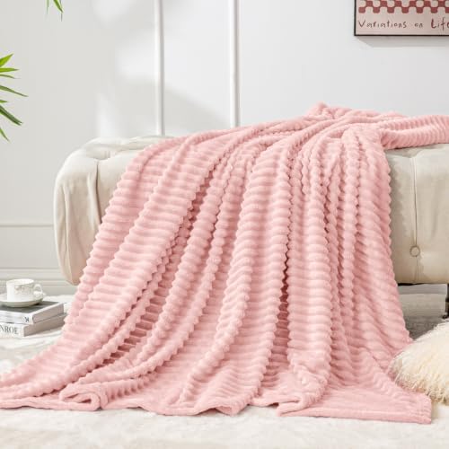 BEDELITE 3D Ribbed Light Pink Fleece Throw Blanket for Couch, 50x60 Inch