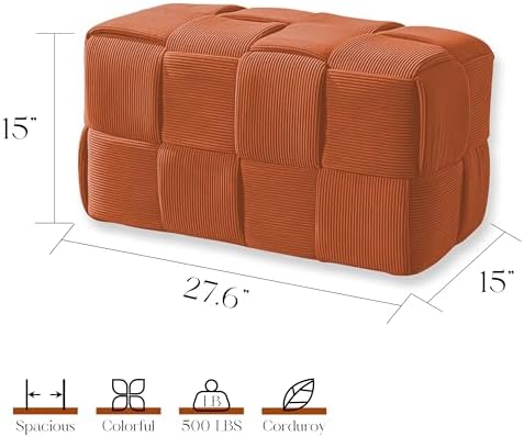 Cmishe 28" Rectangular Woven Corduroy Ottoman Footrest - Large Modern Entryway Bench & Bed End Stool, Sturdy Wood Frame, No Assembly (Orange-L)