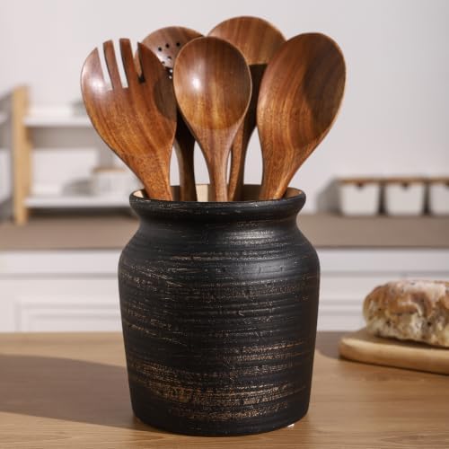 Ceramic Farmhouse Kitchen Utensil Holder for Countertop, Rustic Cooking Utensil Holder Crock Fit for Kitchen Counter. Copper Color.