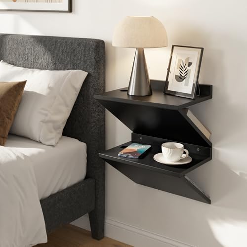 Floating Nightstand Set of 2 Black Wood Bedside Table Wall Mounted