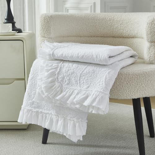 Brandream White Ruffled Quilted Throw Blanket Cotton 47 X 60 Chic Throw