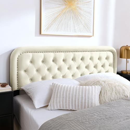 Tufted Upholstered Twin Size Headboard only - Button Solid Wood HeadBoards with Adjustable Height - Modern Velvet Padded Bed Headboard - Easy Assembly - Nailhead,Beige