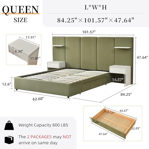 Queen Size Bed Frame with Storage & Built-in Nightstands & Drawers, Green