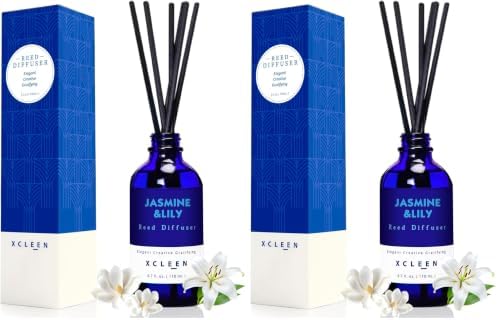 Xcleen Reed Diffuser Set- Jasmine & Lily Scented Diffuser with 6 Rattan Sticks, Long Lasting Reed Diffusers for Home Bathroom Shelf Decor-3.7oz (Pack of 2)